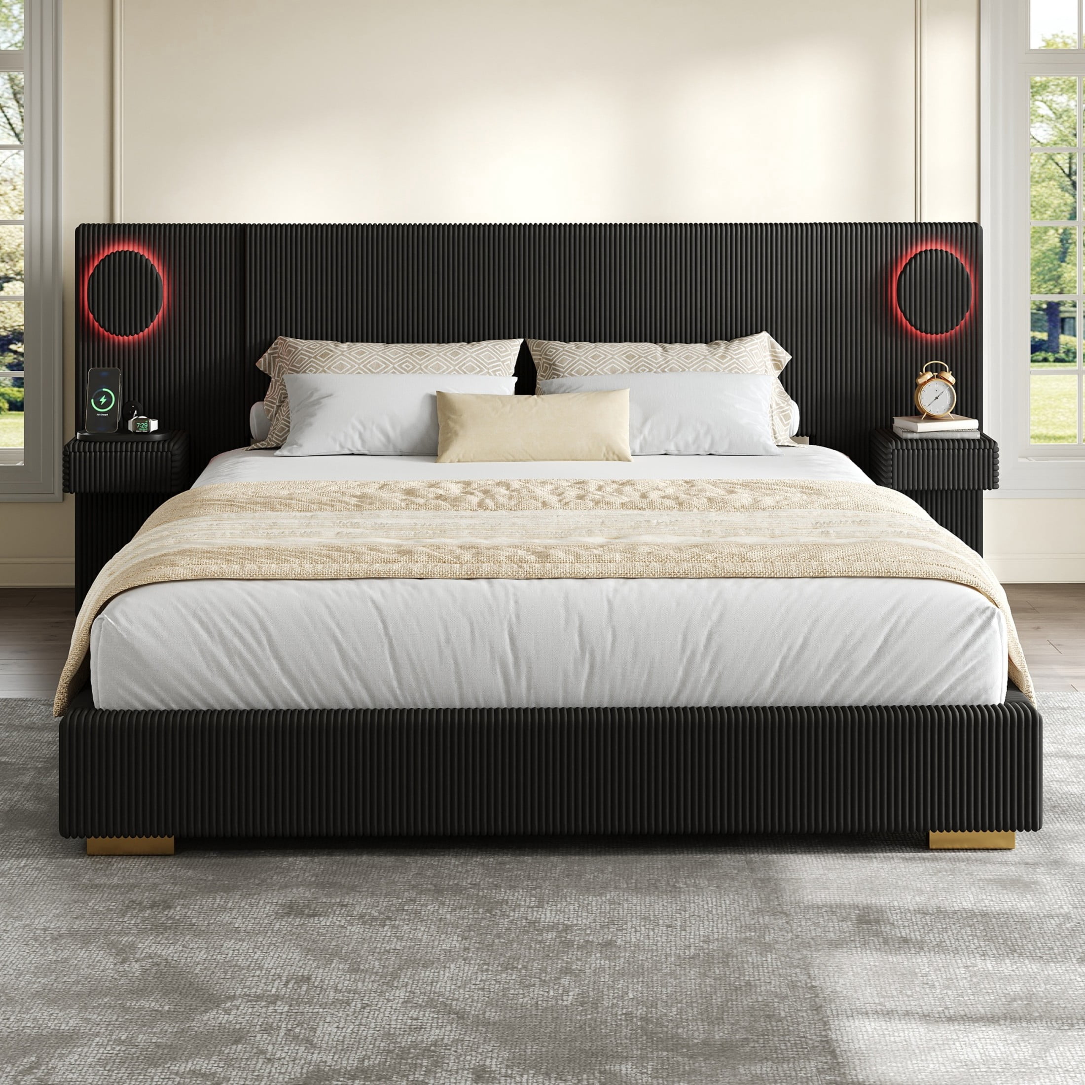 Noble House Dellas King Size Upholstered Platform Bed with LED Lights, Charging Ports & Side Storage Drawers, Black