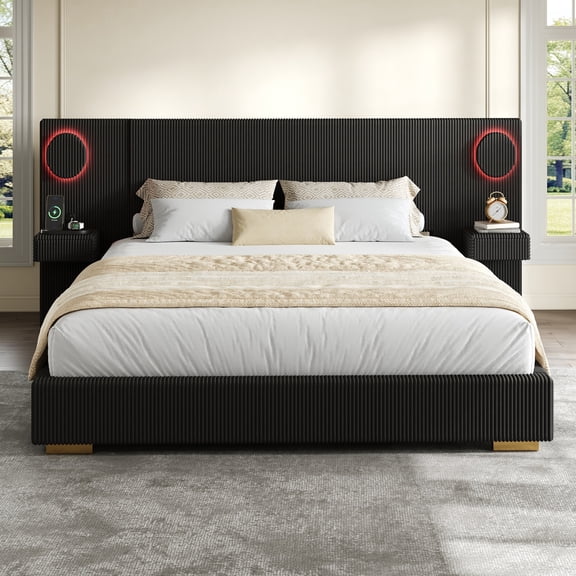 Noble House Dellas King Size Upholstered Platform Bed with LED Lights, Charging Ports & Side Storage Drawers, Black