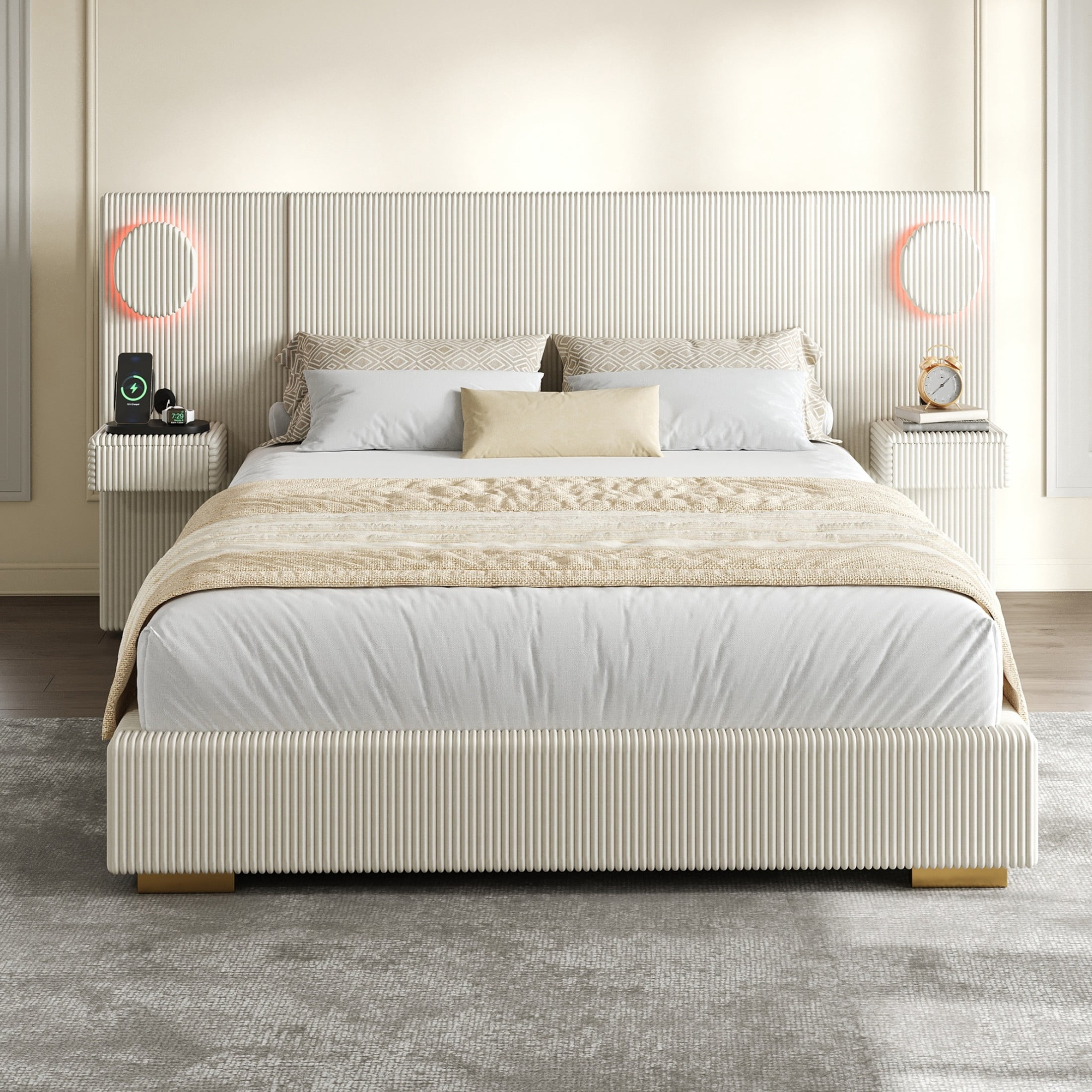 Noble House Dellas Queen Size Upholstered Platform Bed with LED Lights, Charging Ports & Side Storage Drawers, Beige