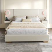 Noble House Dellas Queen Size Upholstered Platform Bed with LED Lights, Charging Ports & Side Storage Drawers, Beige
