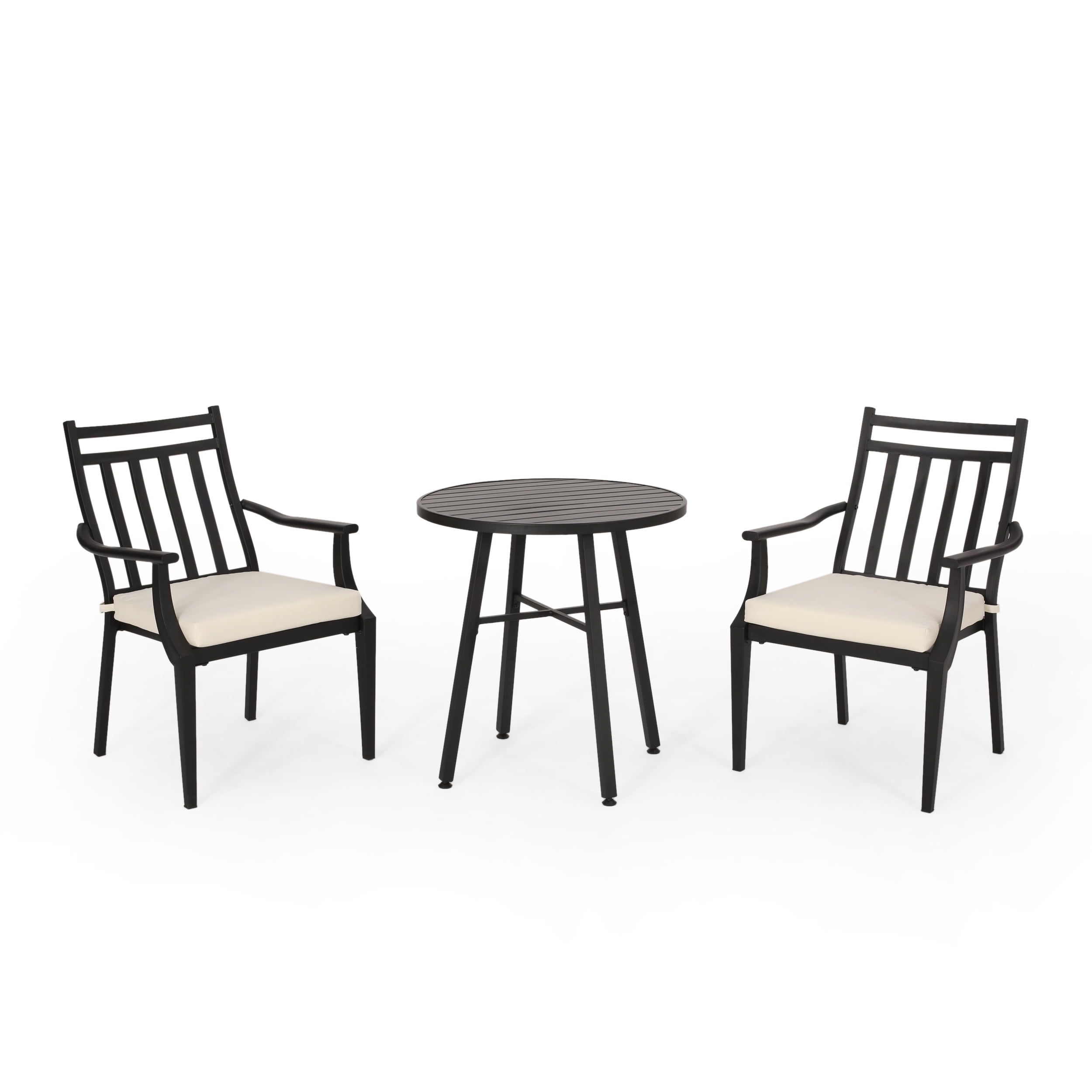 Matte Black and Beige Iron 3-Piece Outdoor Bistro Set with Cushions