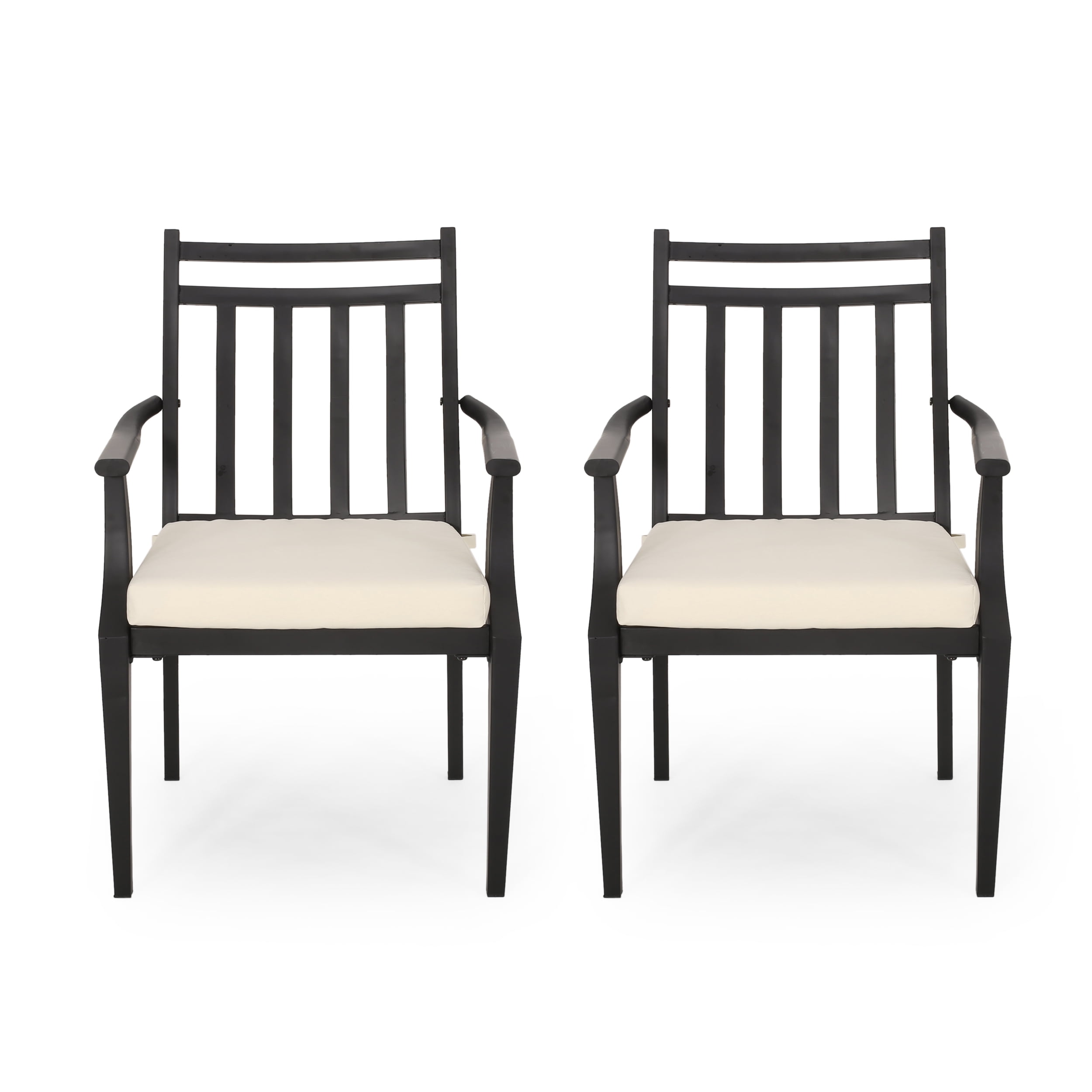 Matte Black Iron Outdoor Dining Chairs with Beige Cushions (Set of 2)