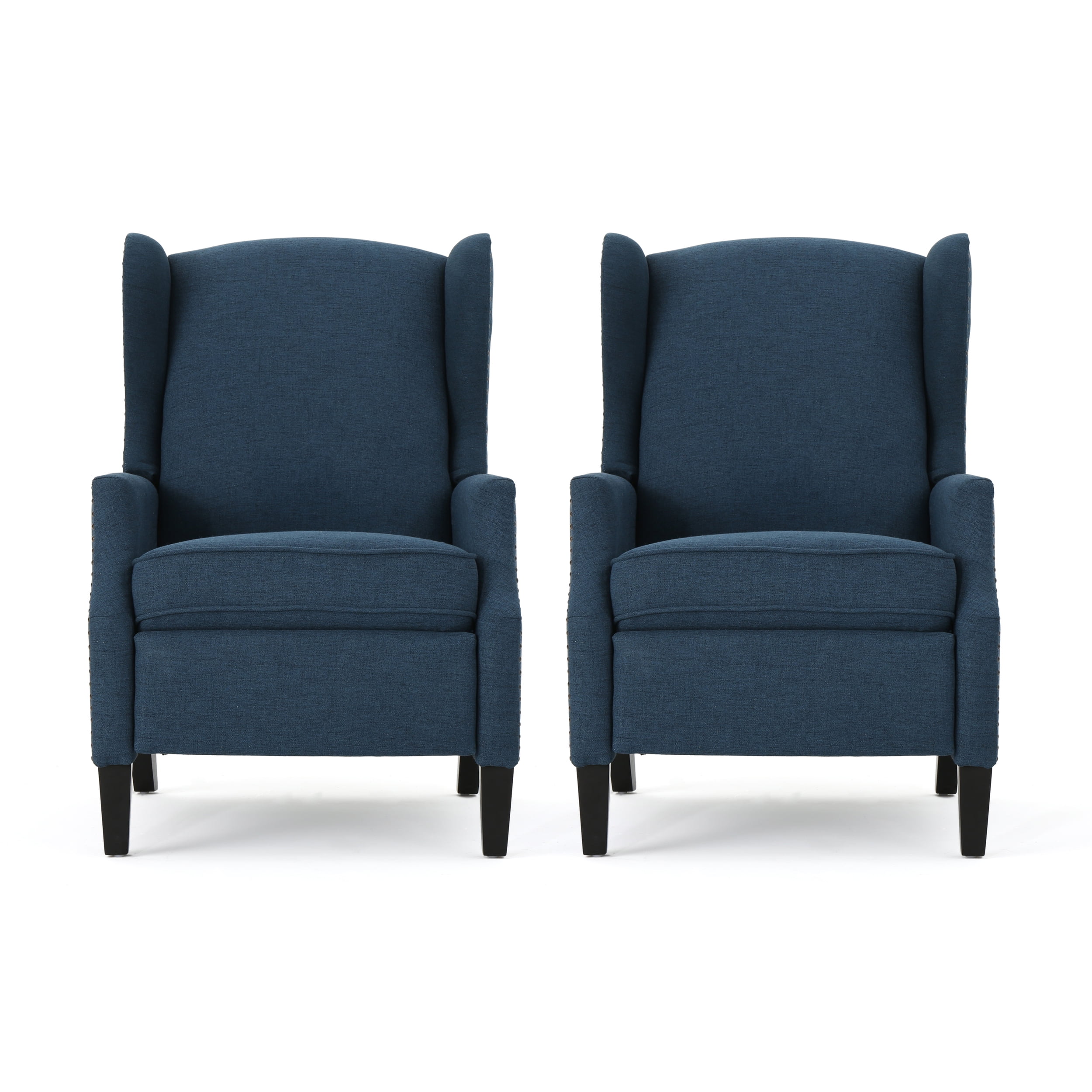 Noble House Demi Indoor Fabric Recliner, Set of 2, Navy Blue, Dark Brown