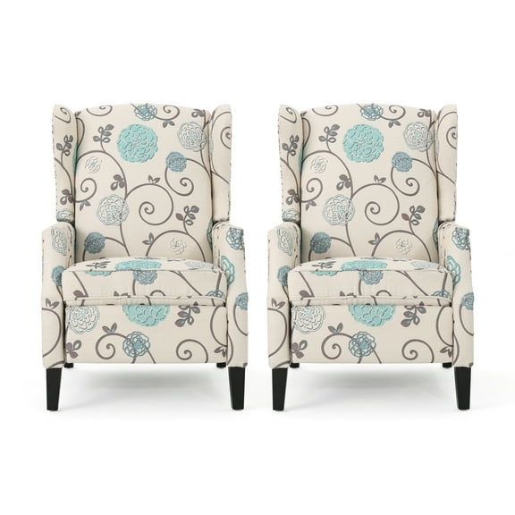 Noble House Demi Wingback Fabric Recliner, Set of 2, Light Beige, Blue