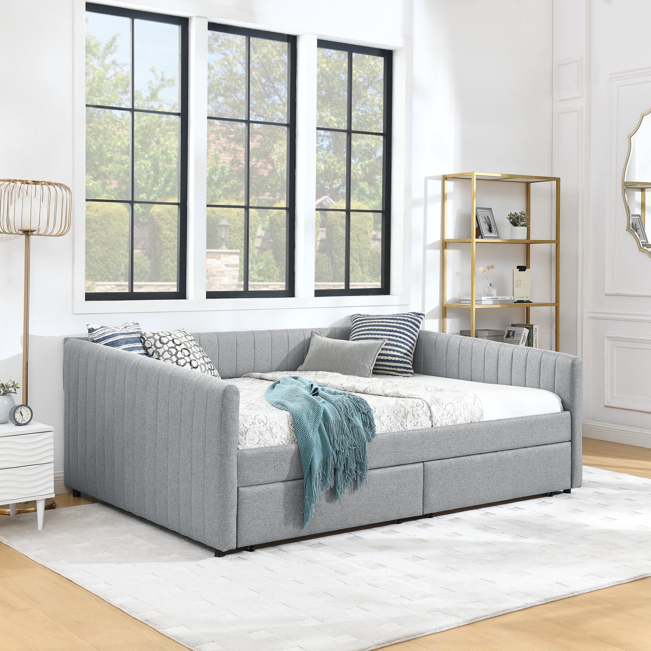 Noble House Denita Queen Size Daybed, Vertical Striped Linen Upholstered Sofa Bed with Storage Drawers, Grey