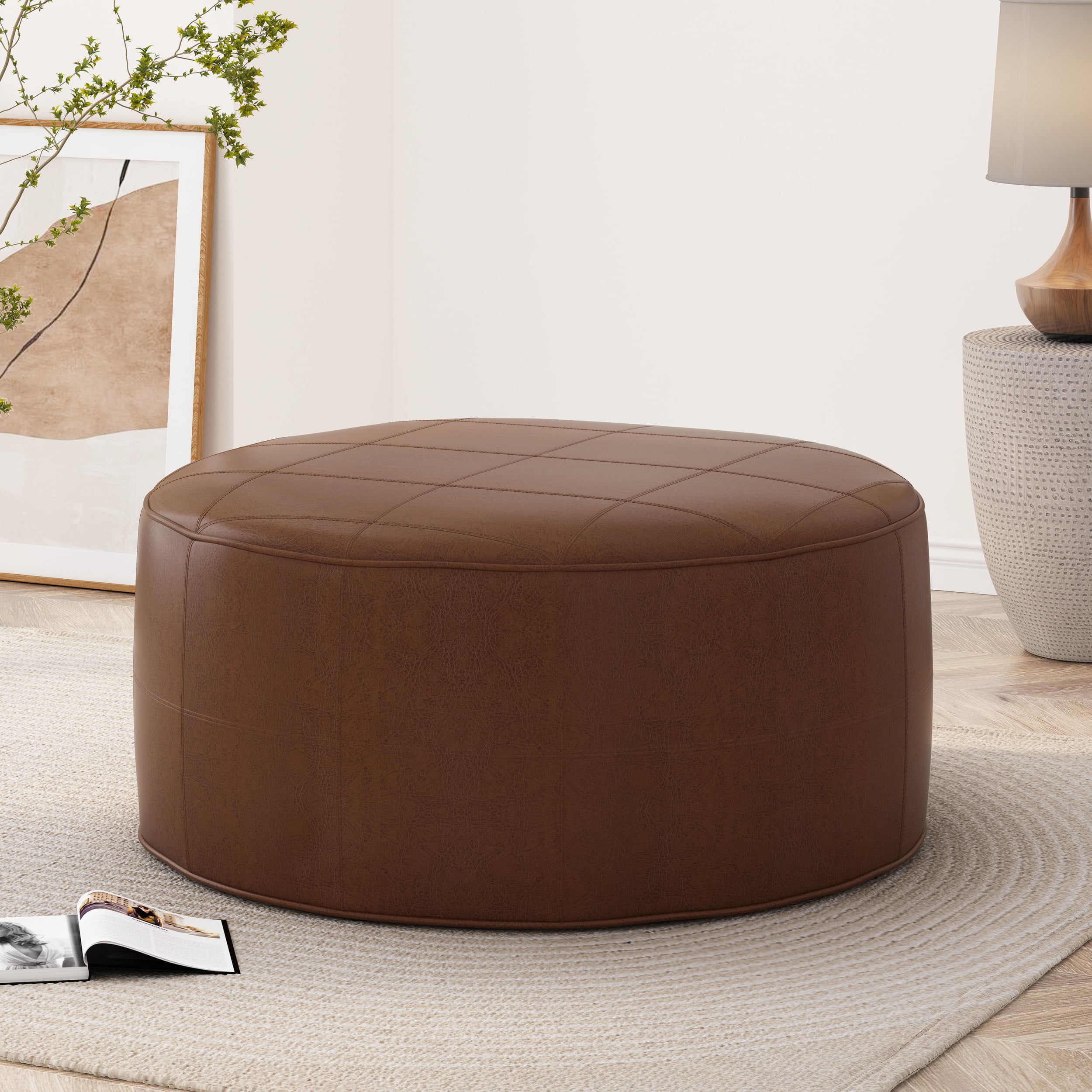 Noble House Derring Faux Leather Large Ottoman, Cognac Brown