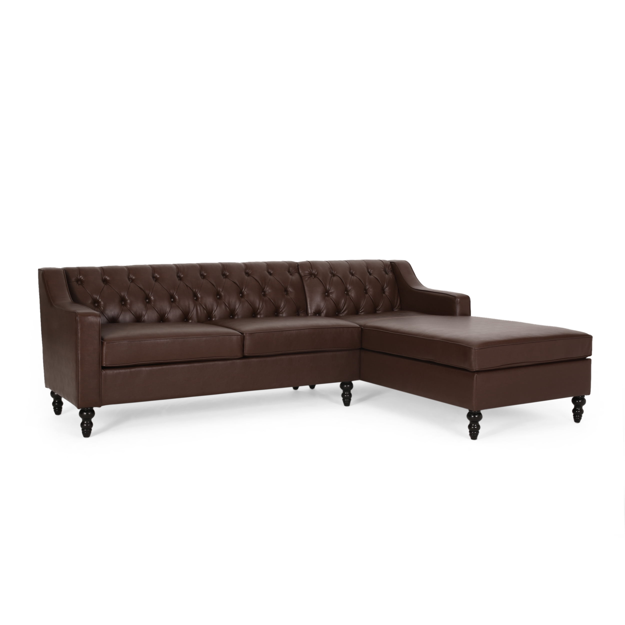 Noble House Derudder Indoor Upholstered Tufted Chaise Sectional, Dark Brown