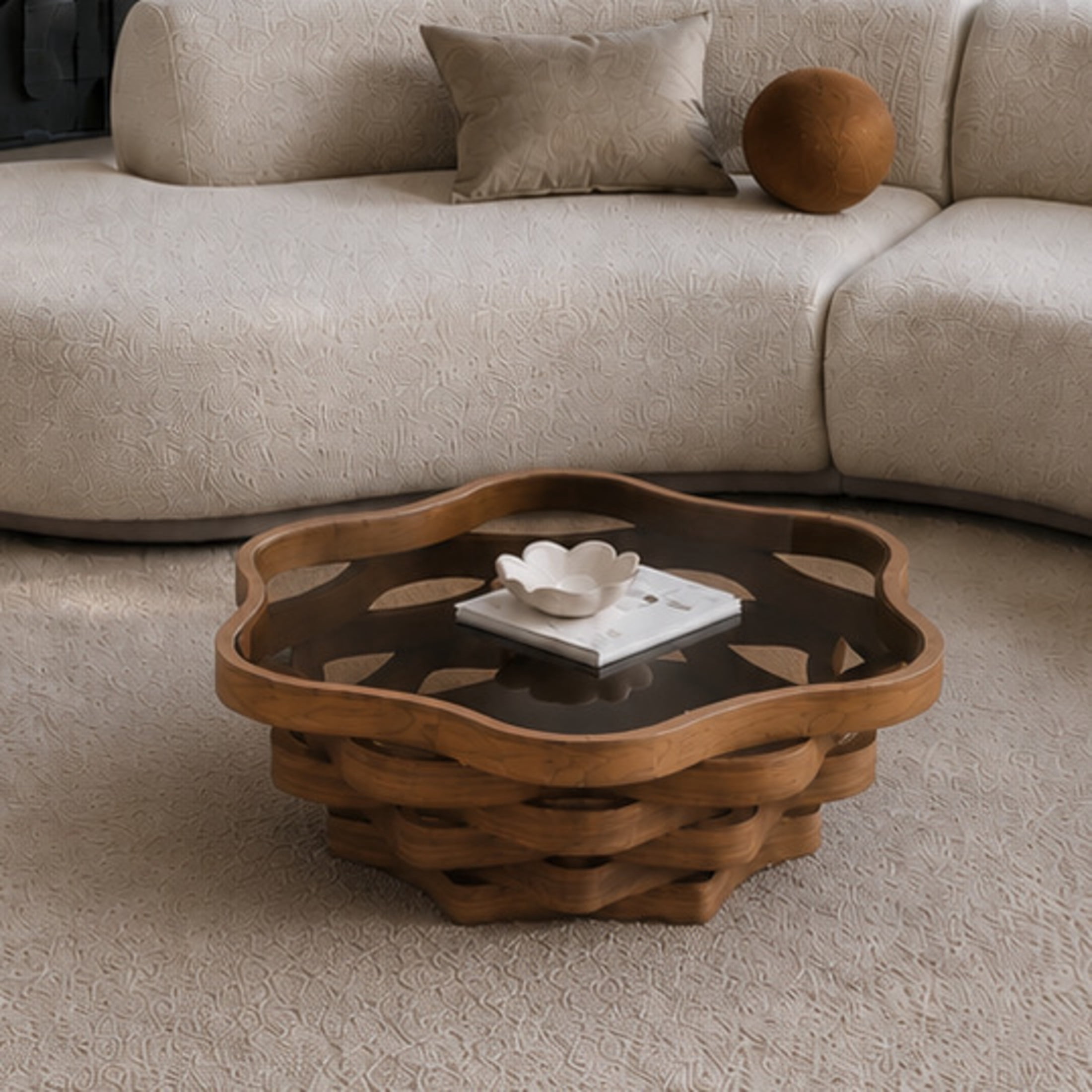 Noble House Derwin 35.83" Irregular Cloud-Shaped Coffee Table with Tempered Glass Top & Artistic Wave MDF Base, Walnut