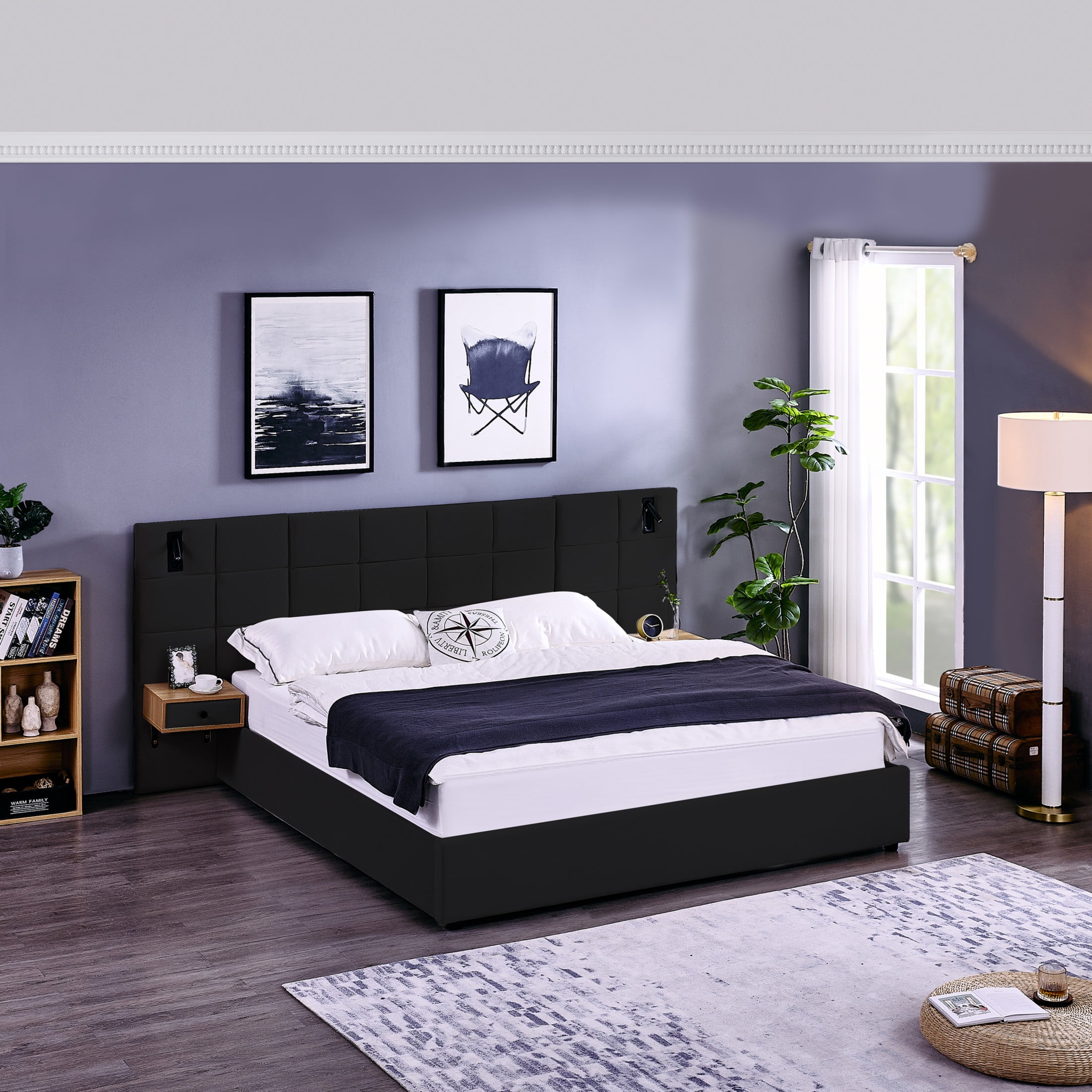 Noble House Derwin King-Size Velvet Storage Bed, Hydraulic Platform Bed Frame with Reading Lamps and USB Port, Black