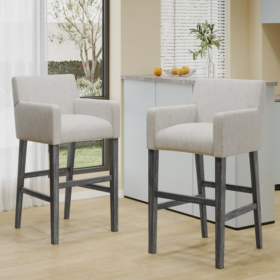 Noble House Deville Fabric Upholstered Wood 30.5 inch Barstools, Set of 2, Light Gray and Gray