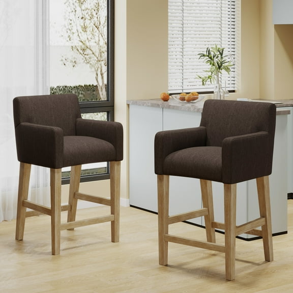 Noble House Deville Indoor Fabric Upholstered Wood 26 inch Counter Stools with Full Back, Set of 2, Brown