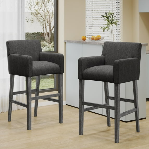 Noble House Deville Indoor Fabric Upholstered Wood 30.5 inch Barstools, Set of 2, Charcoal and Gray