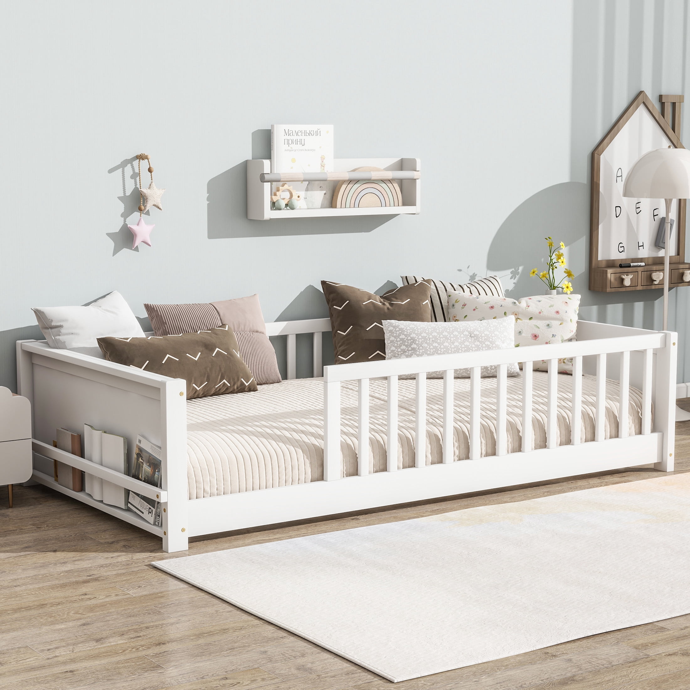 Noble House Devon Twin Floor Bed with Built-in Book Rack, Sturdy Rubber Wood Montessori Bed with Fence, White