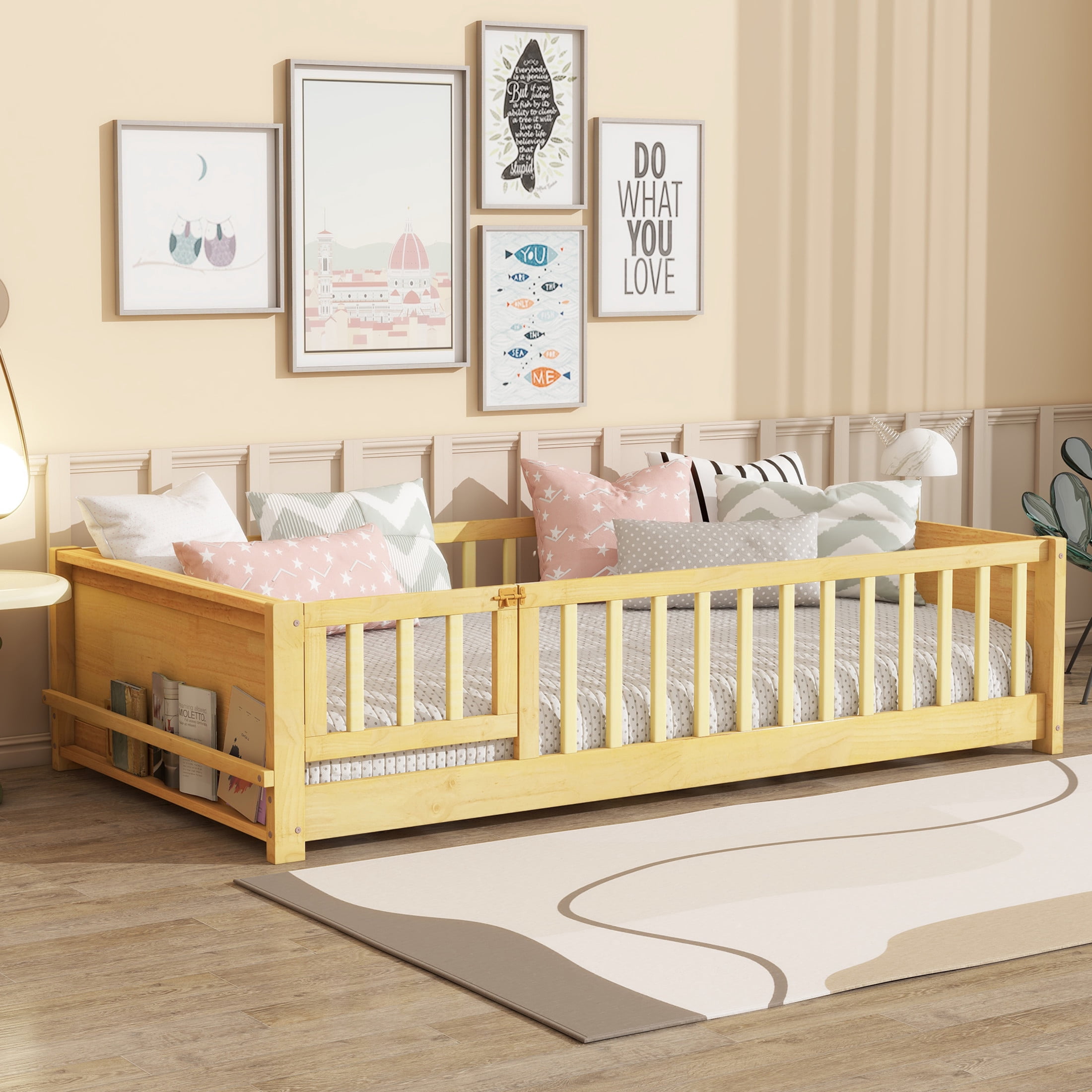 Noble House Devon Twin Floor Bed with Built-in Book Rack and Door, Sturdy Rubber Wood Montessori Bed with Fence, Natural