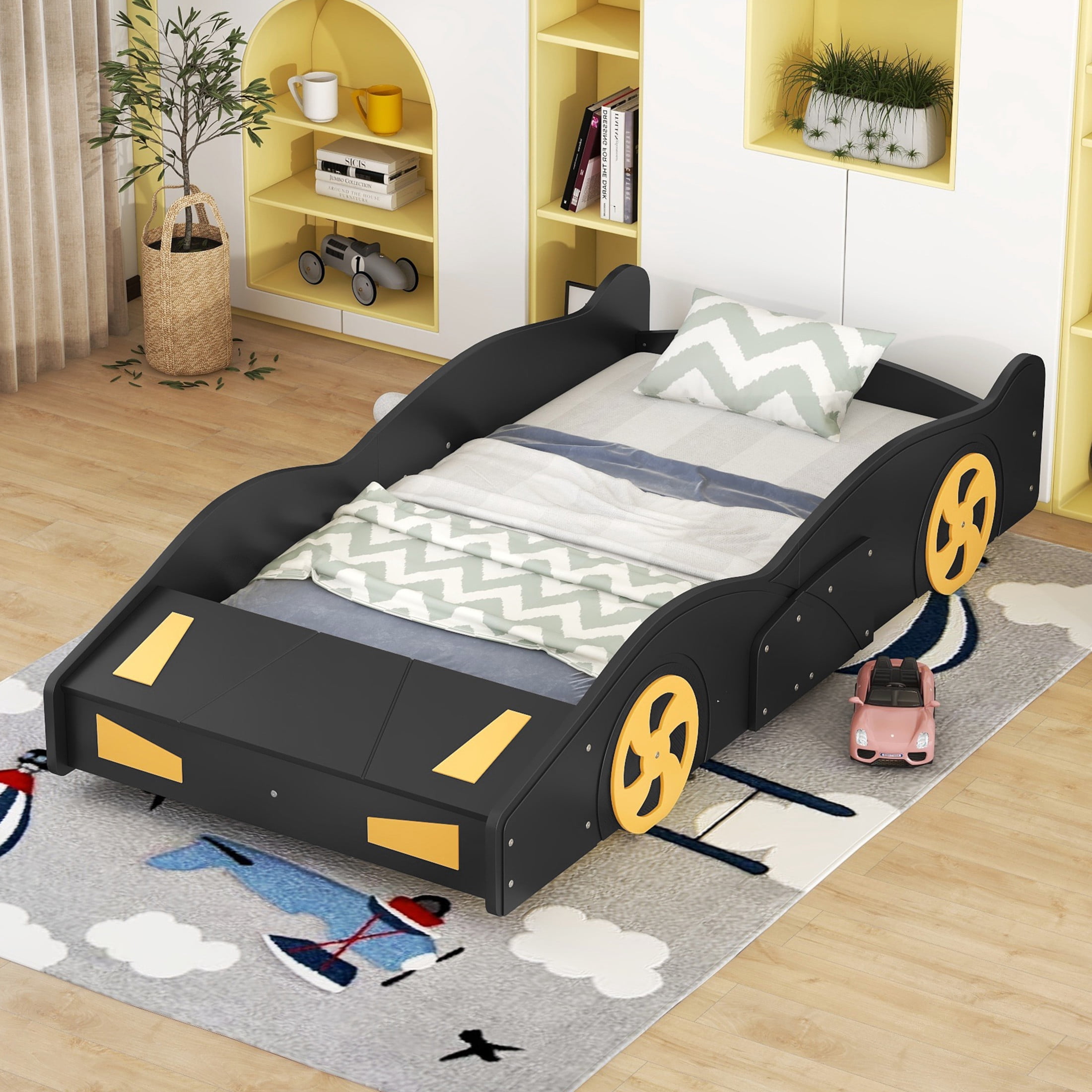 Noble House Devon Twin Size Race Car Platform Bed with Wheels and Storage, Pine Wood Kids Bed, Black