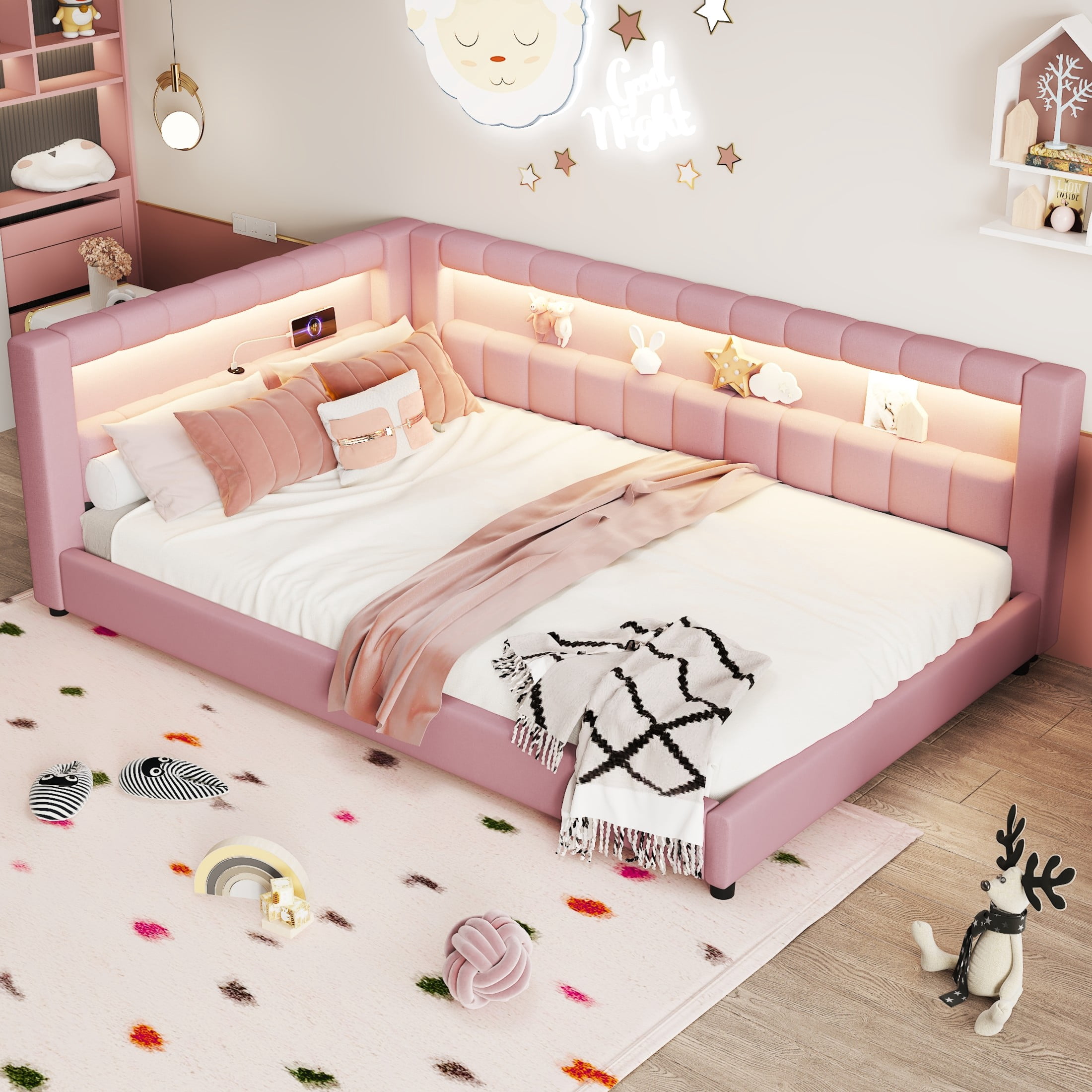 Noble House Dexter Full XL Linen Upholstered Platform Bed with LED Light Belt and USB Ports, Wood Frame, Pink