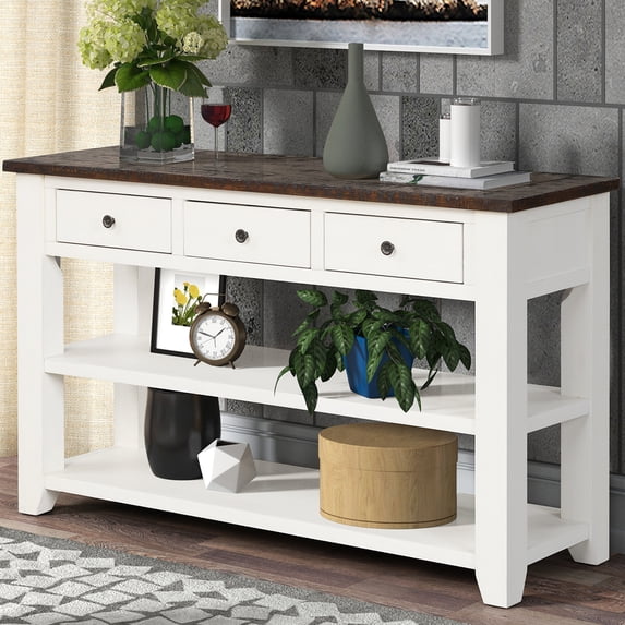 Noble House Dexter Sofa Console Table, Solid Pine Wood Frame with Drawers and Shelves, Modern Entryway Storage, Antique White
