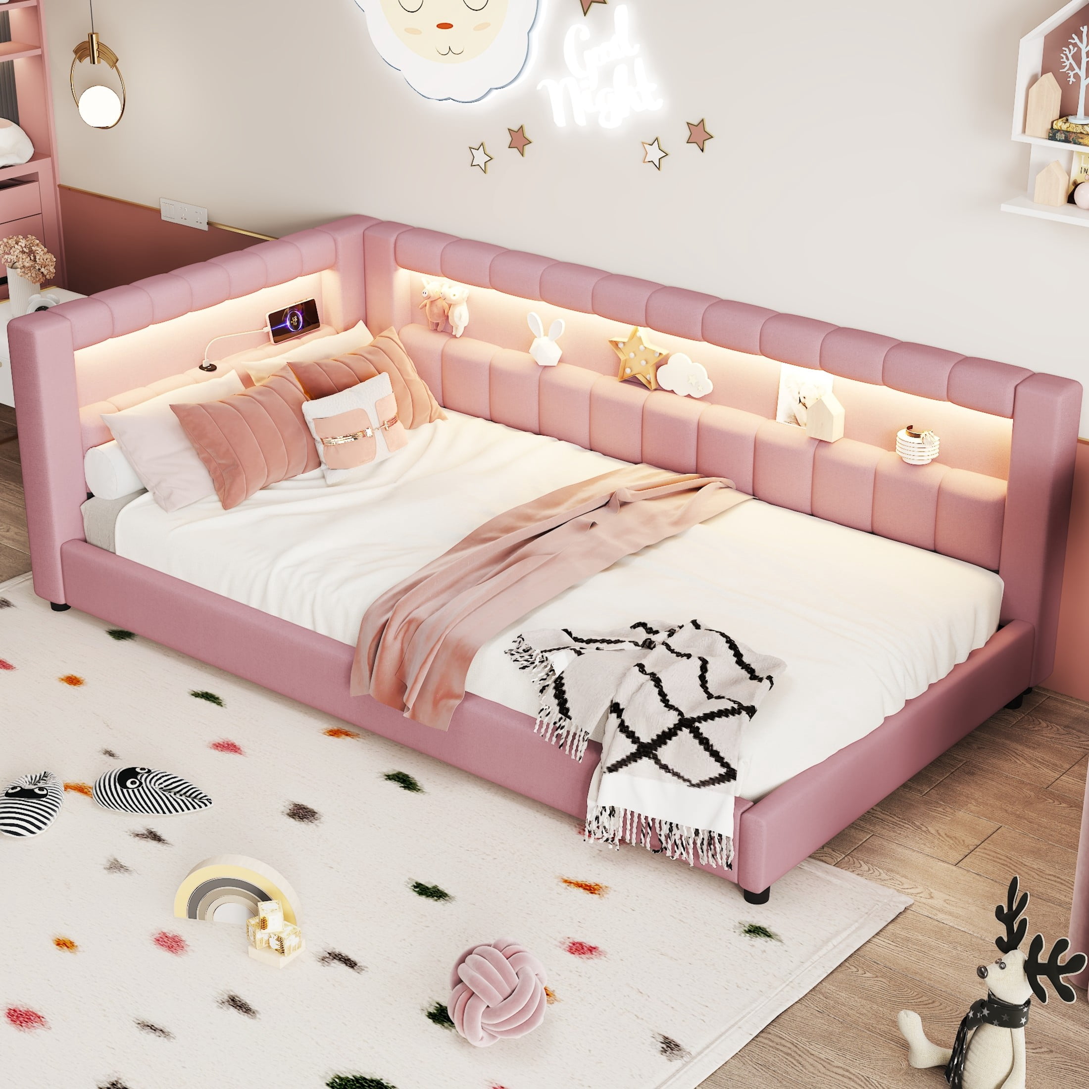 Noble House Dexter Twin XL Linen Upholstered Platform Bed with LED Light Belt and USB Ports, Wood Frame, Pink