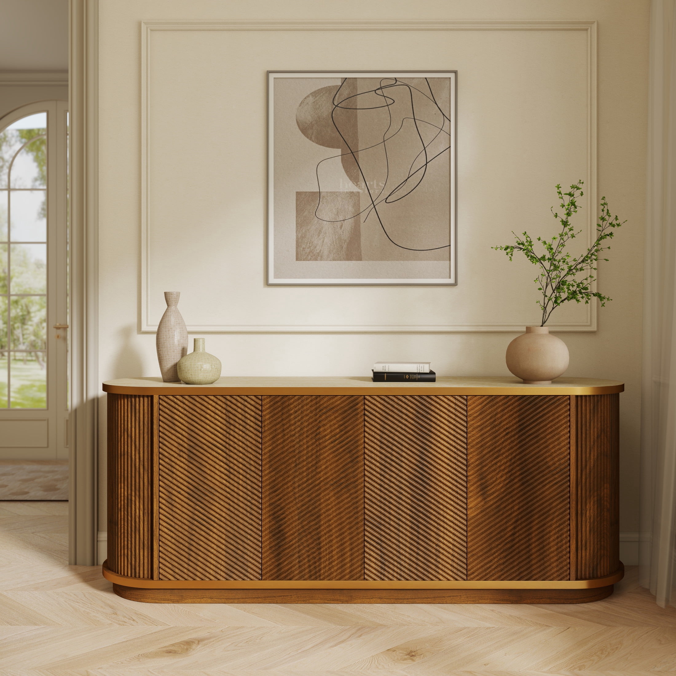 Noble House Diagonal Fluted Sideboard Cabinet with Faux Travertine Top & Gold Trim, Buffet Credenza TV Stand, Walnut