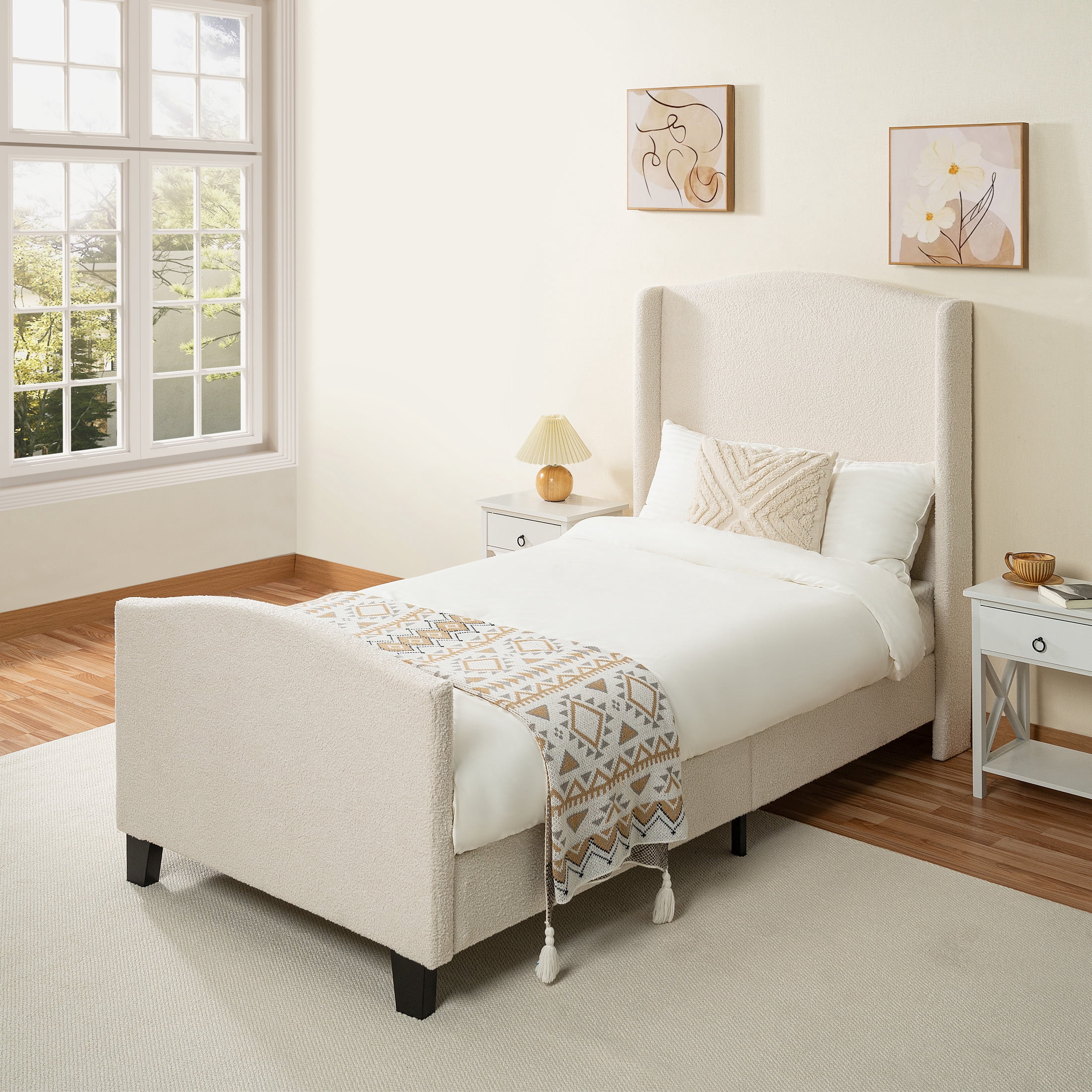 Noble House Diane Twin Size Upholstered Bed Frame, Teddy Velvet Headboard with Solid Wood Legs, Minimal Design, White