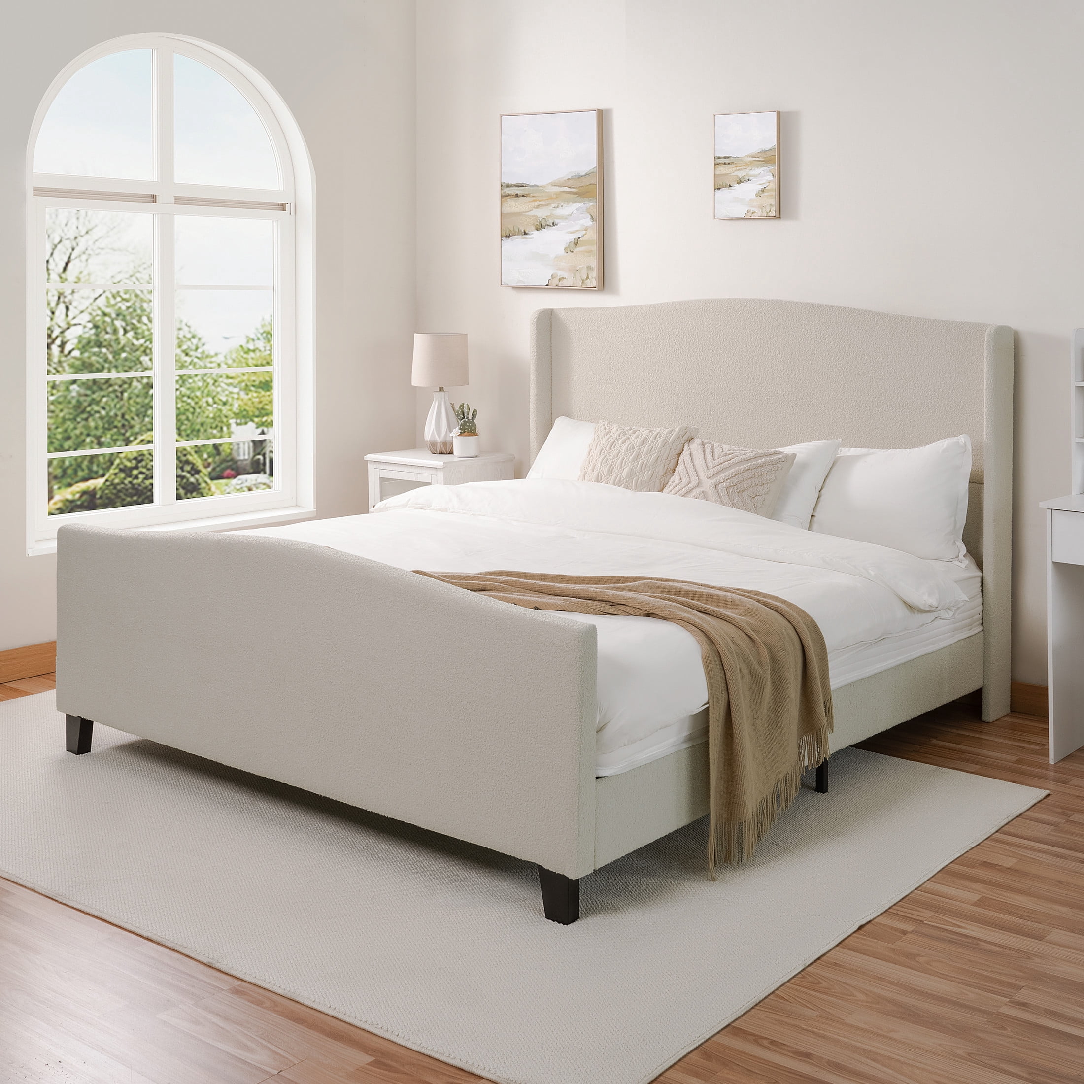 Noble House Diane king Size Upholstered Bed Frame, Teddy Velvet Headboard with Solid Wood Legs, Minimal Design, White
