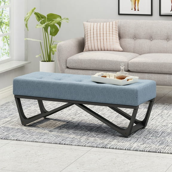Noble House Dimitri Contemporary Fabric Ottoman Bench, Light Blue and Black