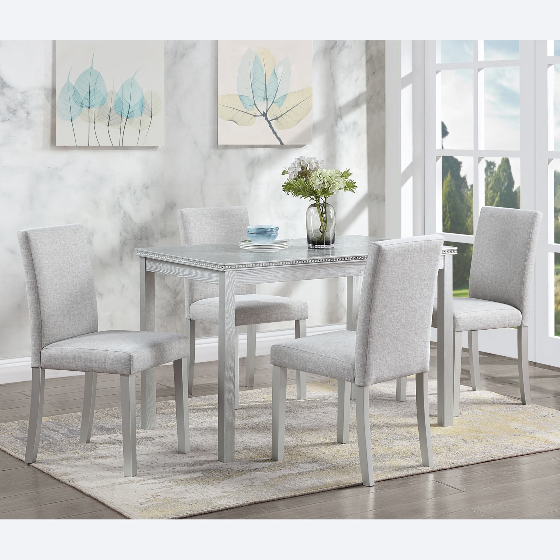 Noble House Dining Chairs Set of 4, Upholstered Kitchen Side Chairs with Padded Seat, Solid Wood Legs, Gray