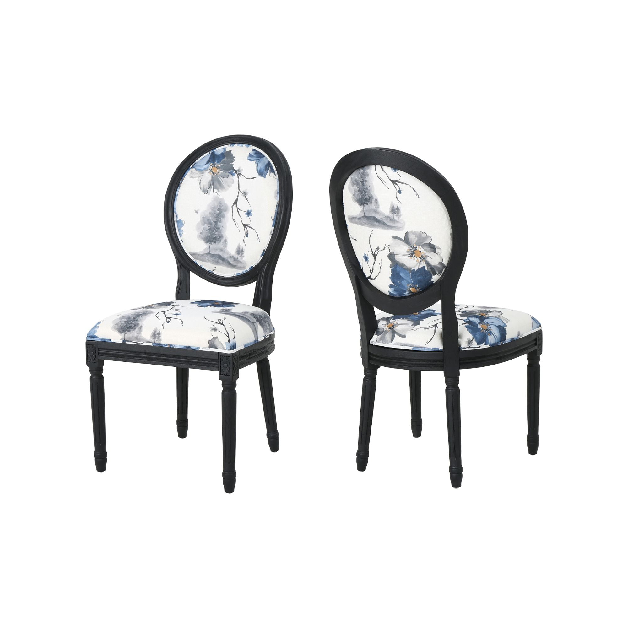 Elegant Noir High-Back Wood Side Chair with Floral Cushion, Set of 2