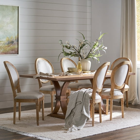 Noble House Dored Fabric and Wood 7 Piece Dining Set, Beige and Natural