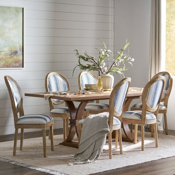 Noble House Dored Fabric and Wood 7 Piece Dining Set, Dark Blue Stripe and Natural