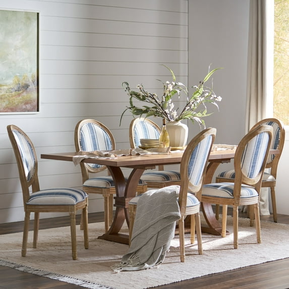 Noble House Dored Fabric and Wood 7 Piece Dining Set, Dark Blue Stripe and Natural