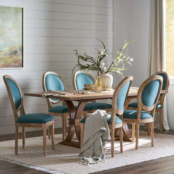 Noble House Dored Fabric and Wood 7 Piece Dining Set, Dark Teal and Natural
