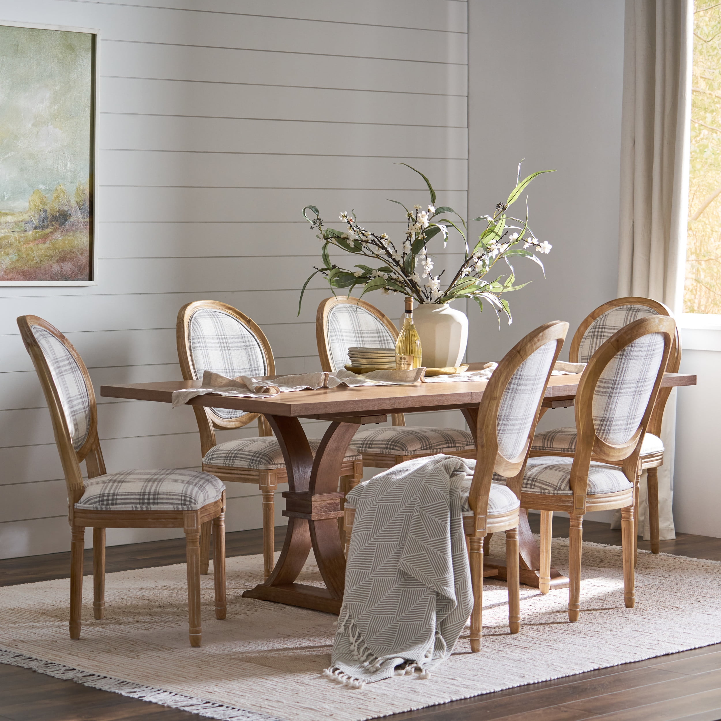 Noble House Dored Fabric and Wood 7 Piece Dining Set, Gray Plaid and Natural