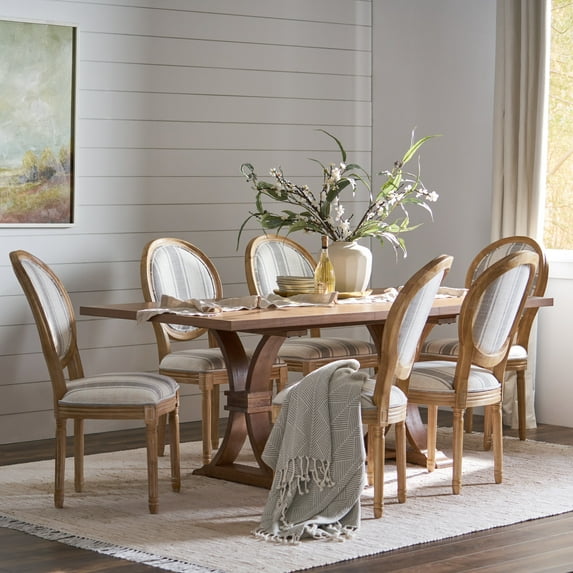 Noble House Dored Fabric and Wood 7 Piece Dining Set, Gray Stripe and White Print and Natural