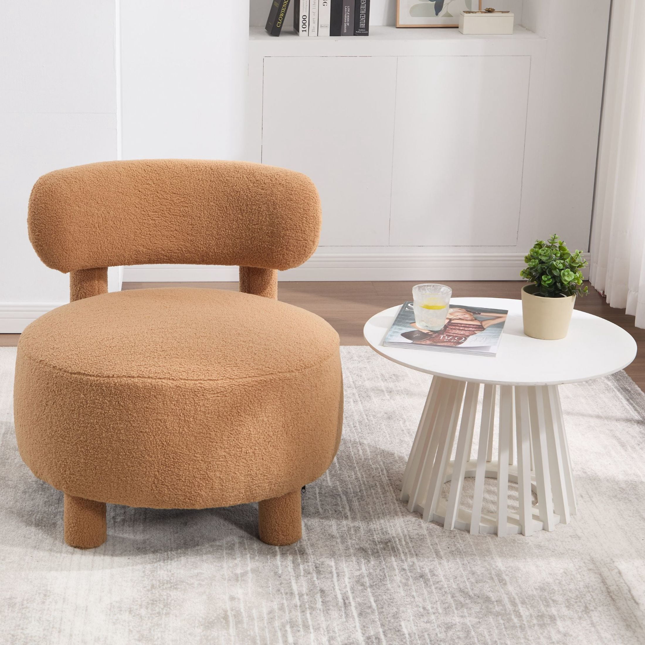 Noble House Dorell Teddy Upholstered Dining Chair, Wooden Frame Reading Side Chair with Curved Backrest, Khaki