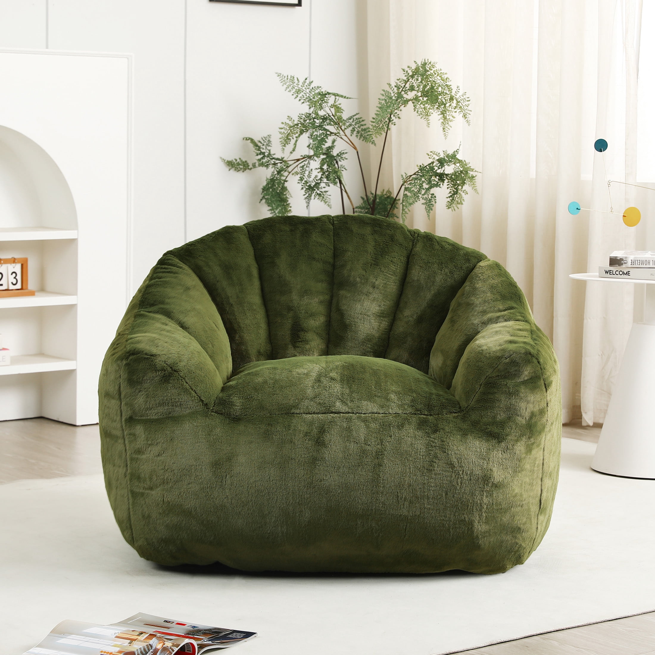Noble House Dorothy Faux Fur Bean Bag Chair, Comfy Large Memory Foam Gaming Lounge Sofa for Living Room, Green