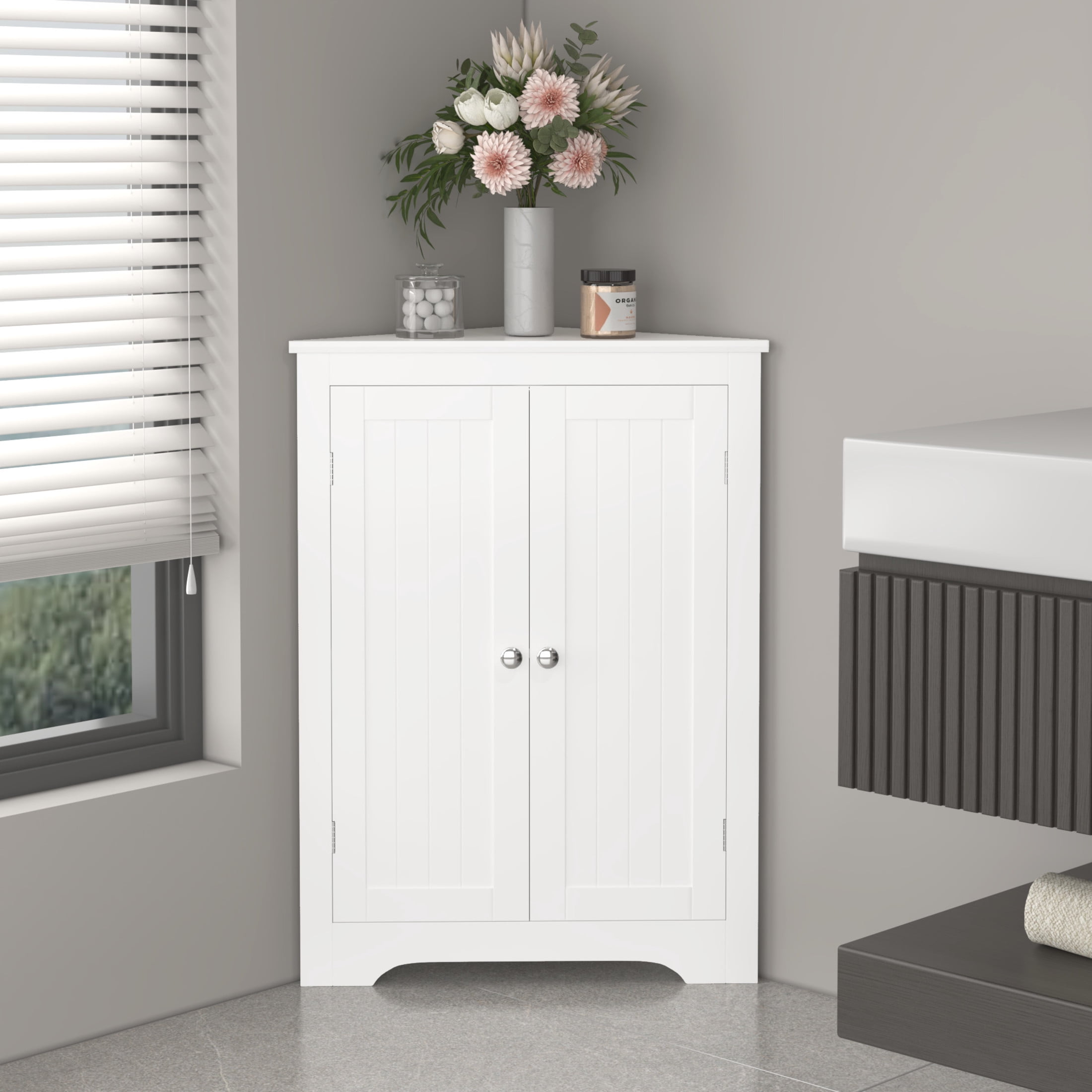 Noble House Dorris 23.6" Floor Corner Storage Cabinet with 2 Doors and Adjustable Shelf, Wooden Narrow Organizer, White