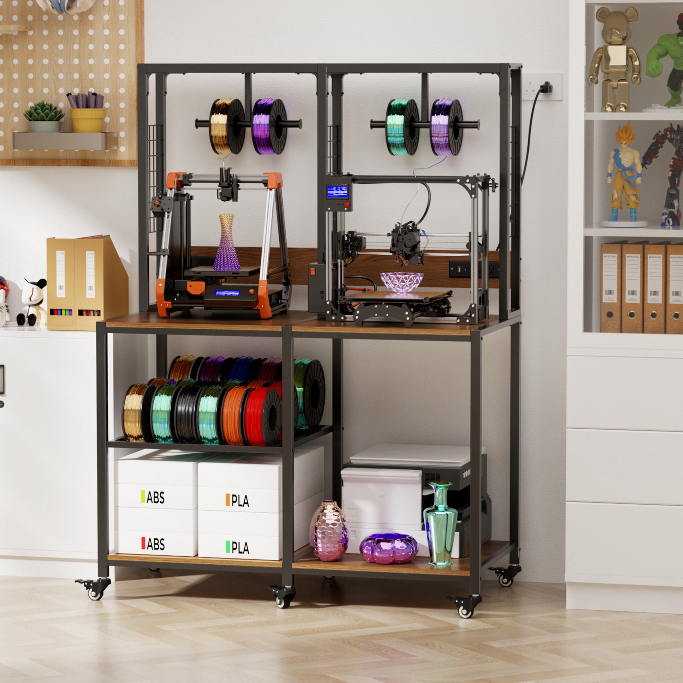 Noble House Double 3D Printer Stand with Filament Storage, Heavy-Duty Metal Dual Workbench with Lockable Wheels, Black
