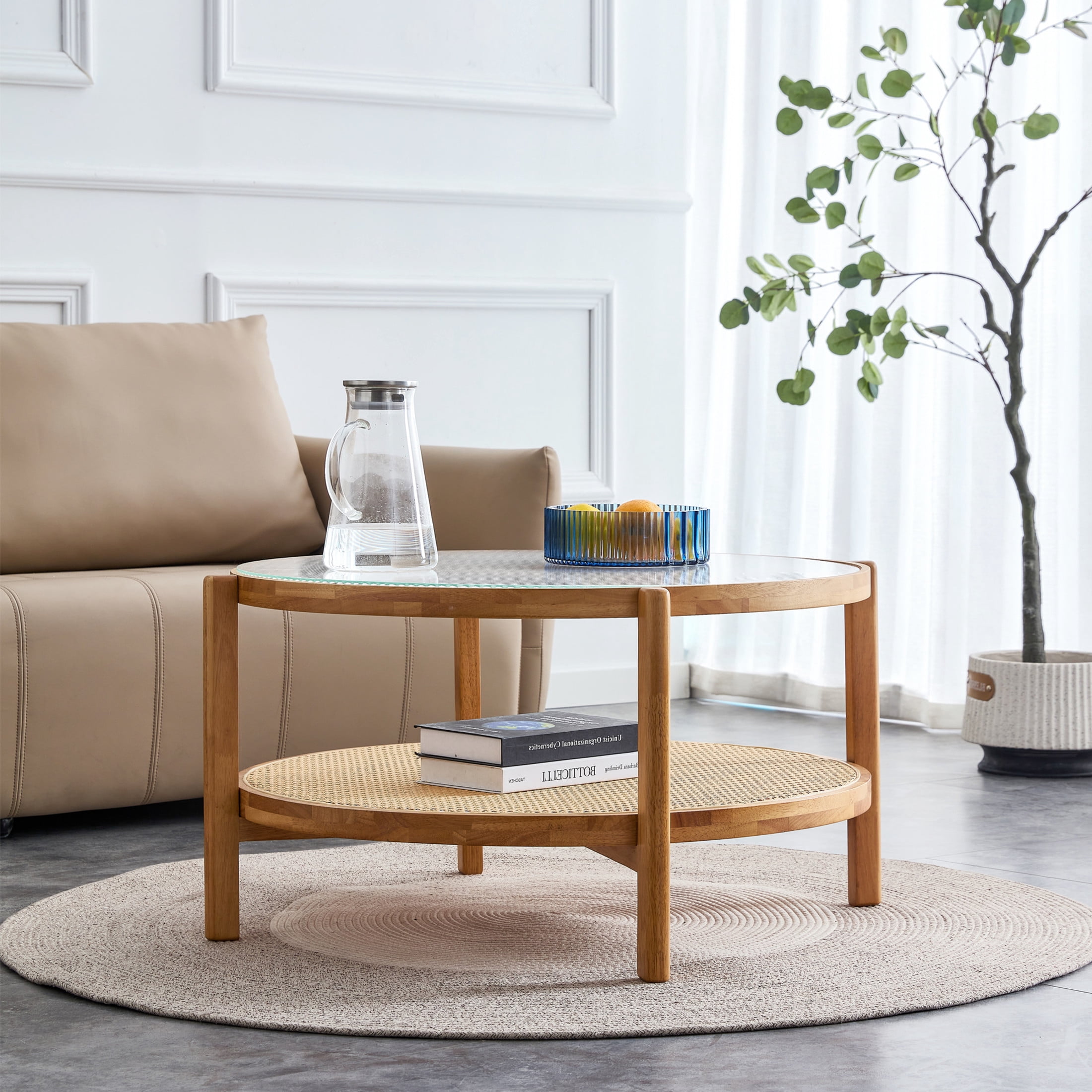 Noble House Double-Layer Round Tea Table, Solid Wood with Striped Glass Top & Rattan Shelf Coffee Table, Natural