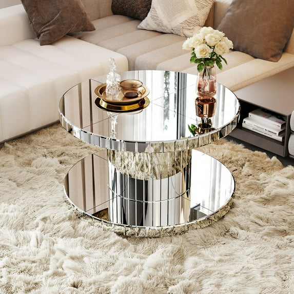 Noble House Double-Tier Luxury Round Mirror Coffee & End Table with Fluted Glass - 31.5" Diameter Modern Sofa Side Table for Living Room, Light Luxury Design, Sturdy Cylinder Frame, Silver