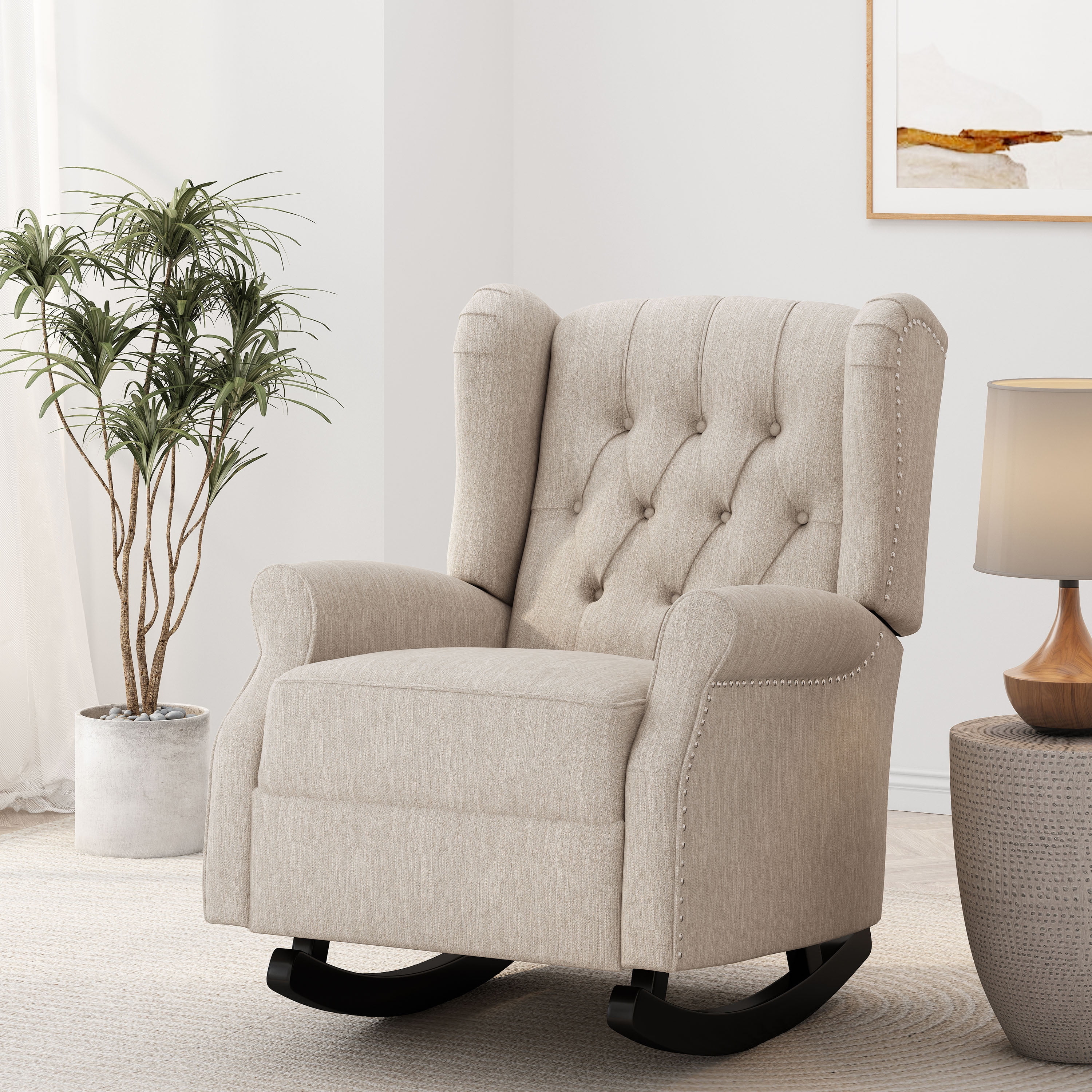 Noble House Dowd Fabric Tufted Wingback Rocking Chair, Beige and Dark Brown