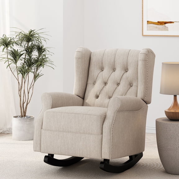 Noble House Dowd Fabric Tufted Wingback Rocking Chair, Beige and Dark Brown