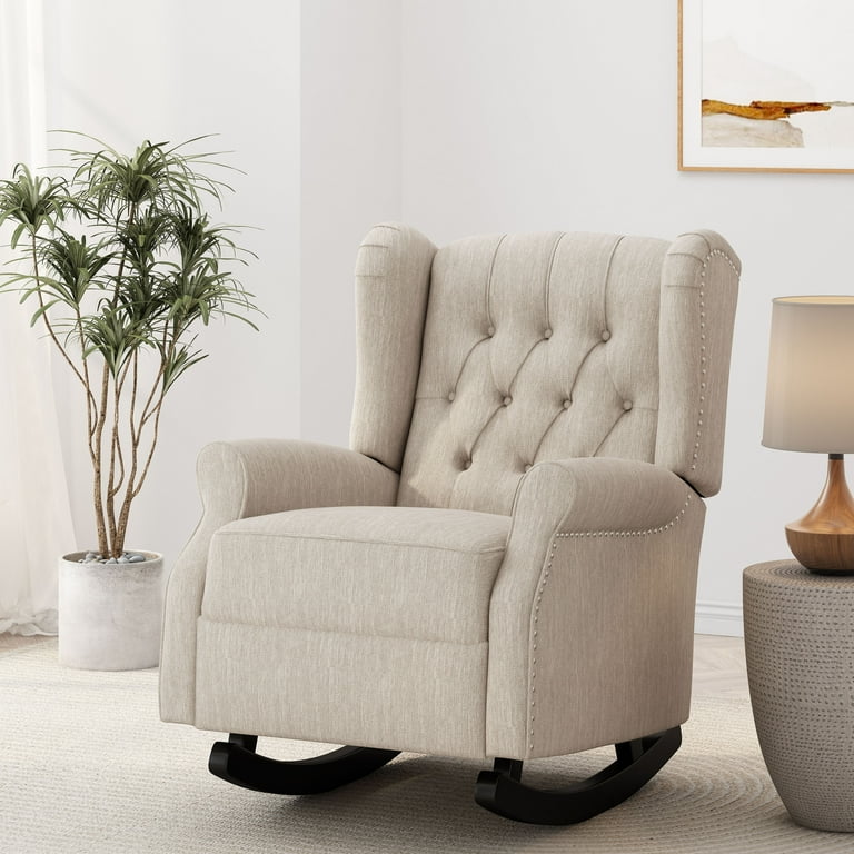 Noble House Dowd Fabric Tufted Wingback Rocking Chair Beige and Dark Brown