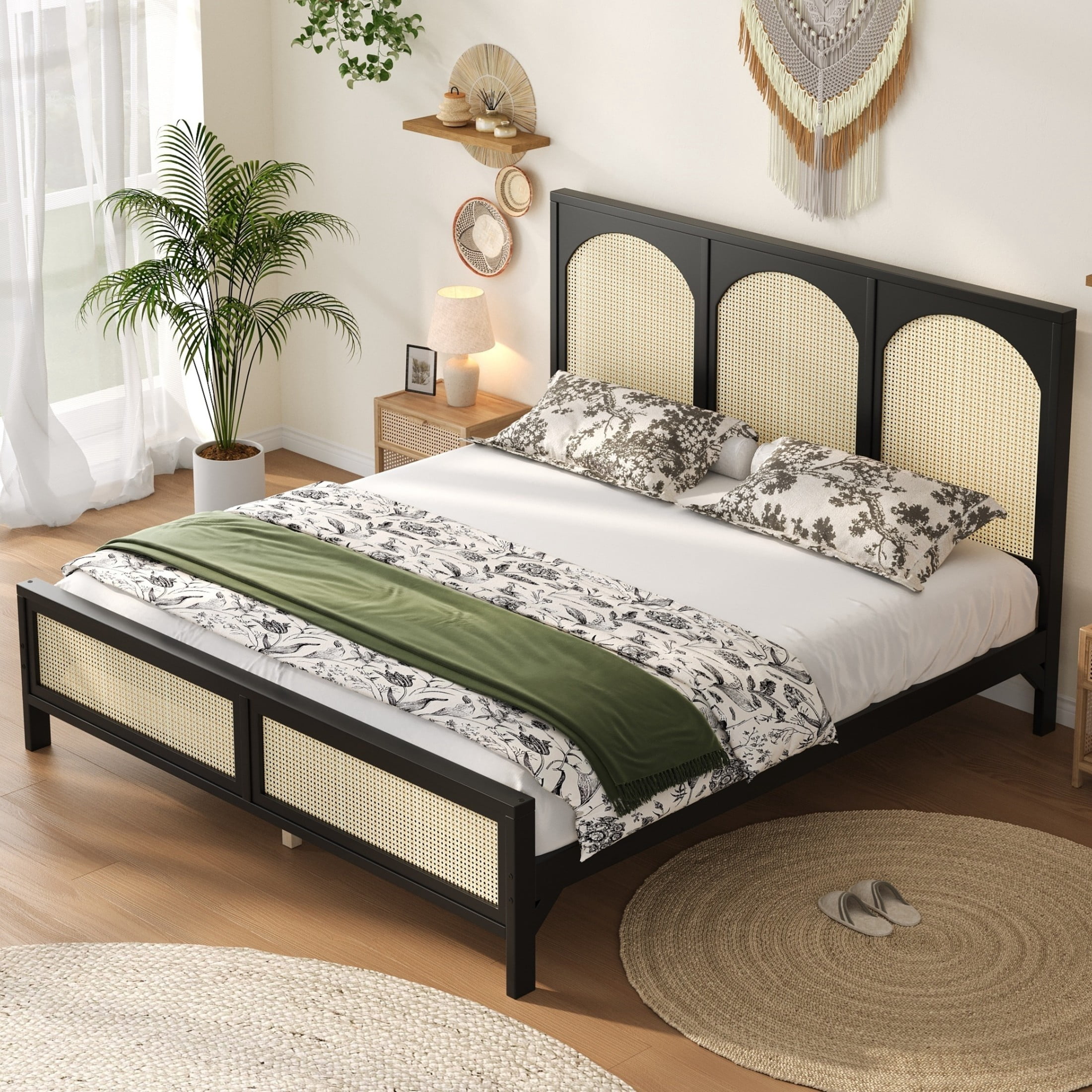 Noble House Driscoll King Size Wood Platform Bed with Rattan Headboard & Footboard, Modern Bed Frame, Black