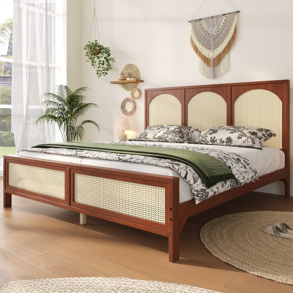 Noble House Driscoll King Size Wood Platform Bed with Rattan Headboard & Footboard, Modern Bed Frame, Walnut