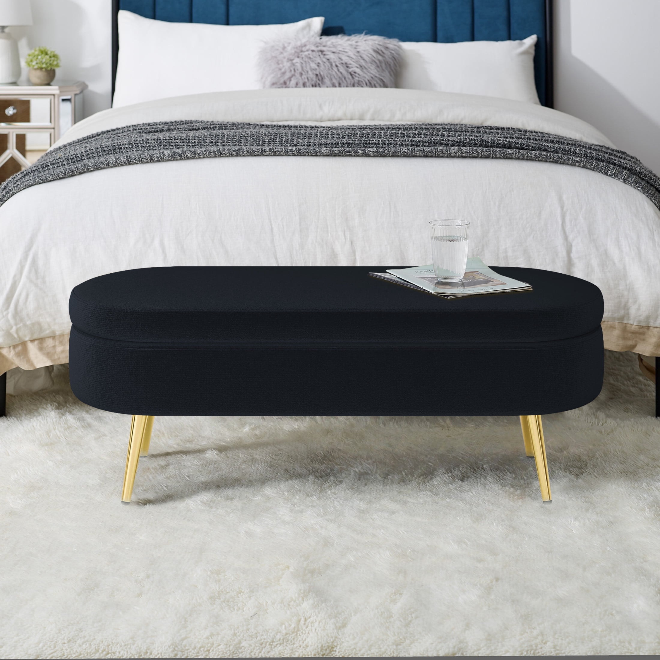 Noble House Dyani 43" Oval Flannel Storage Ottoman Bench, Upholstered Footrest with Metal Legs, Black