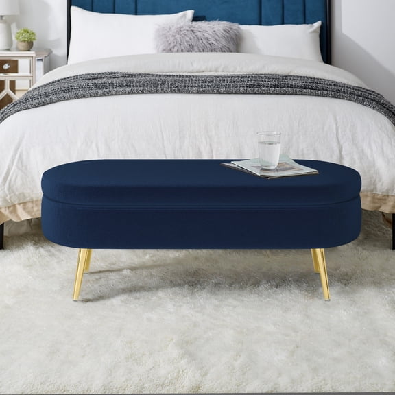 Noble House Dyani 43" Oval Flannel Storage Ottoman Bench, Upholstered Footrest with Metal Legs, Dark Blue