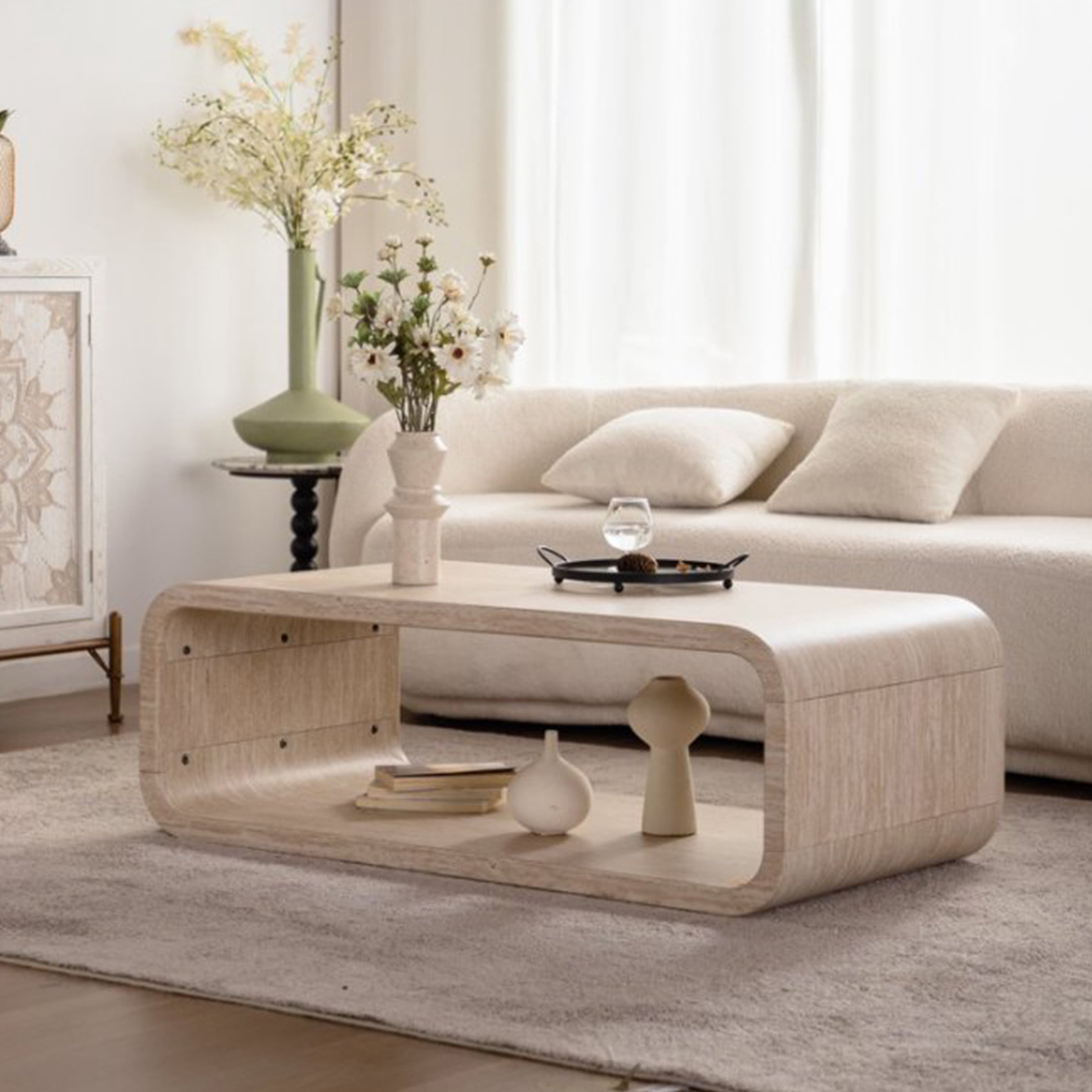 Noble House Dyani 47" Elegant Curved Coffee Table with Open Storage Shelf, for Contemporary Living Room, Amber