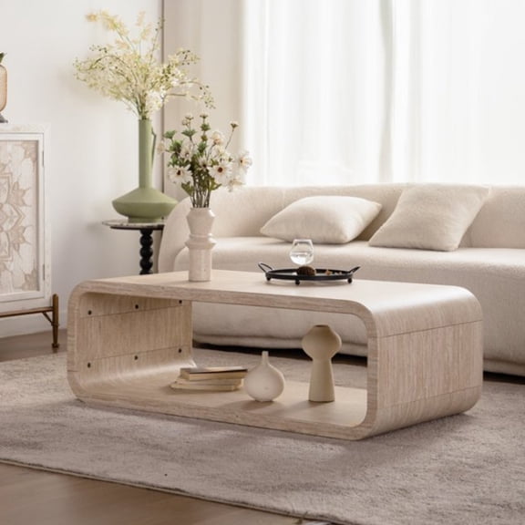 Noble House Dyani 47" Elegant Curved Coffee Table with Open Storage Shelf, for Contemporary Living Room, Amber