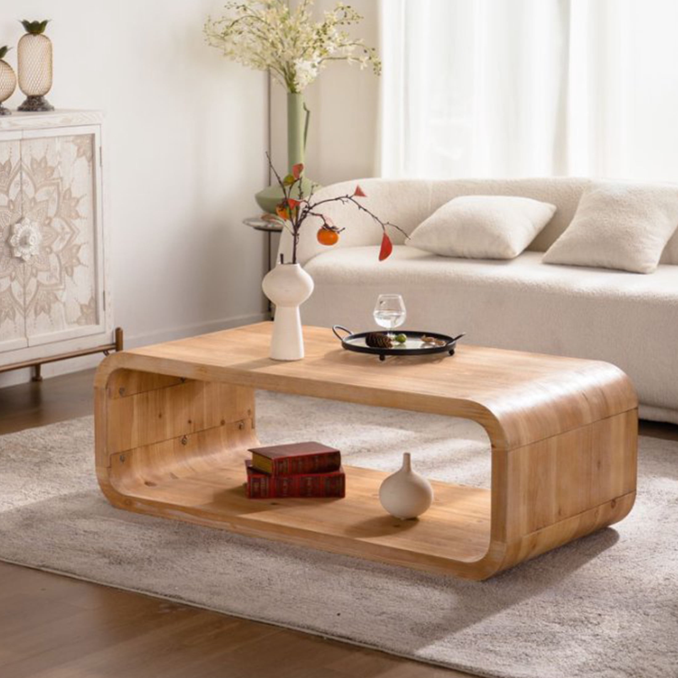 Noble House Dyani 47" Elegant Curved Coffee Table with Open Storage Shelf, for Contemporary Living Room, Natural Wood